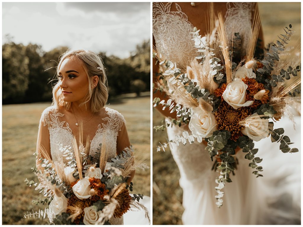 bride holding her boho bouquet with fall tones and pampas grass