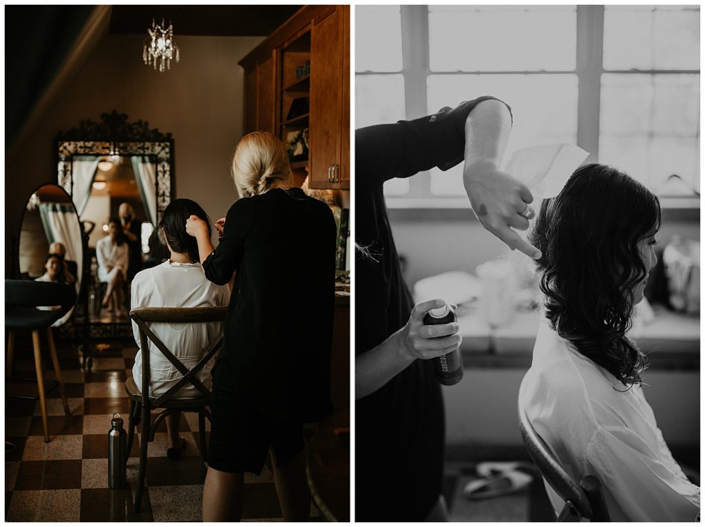 bride getting hair and makeup done on her wedding day
