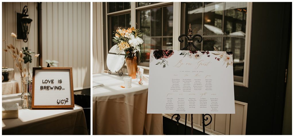 welcome sign and seating chart at wedding reception