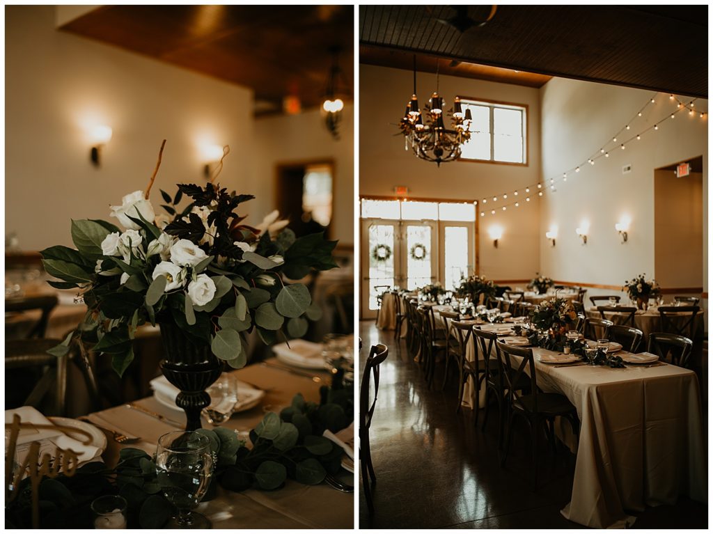 floral arrangements with white roses and eucalyptus at wedding reception