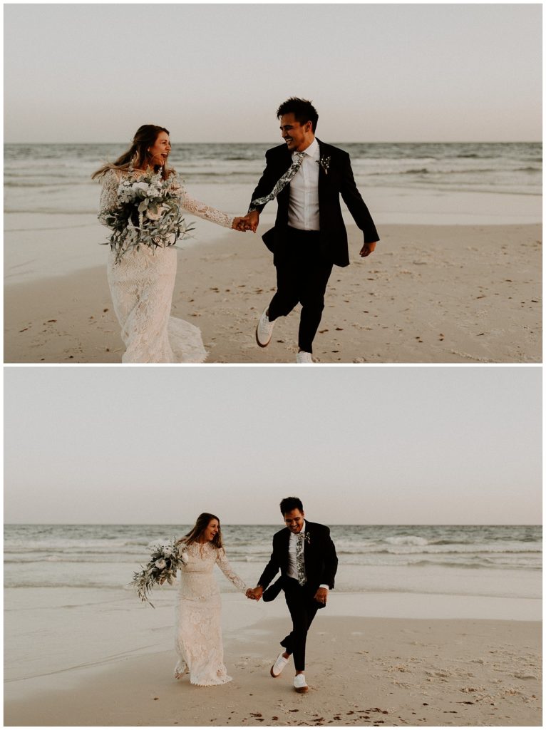 bride and groom portraits on the beach on their wedding day