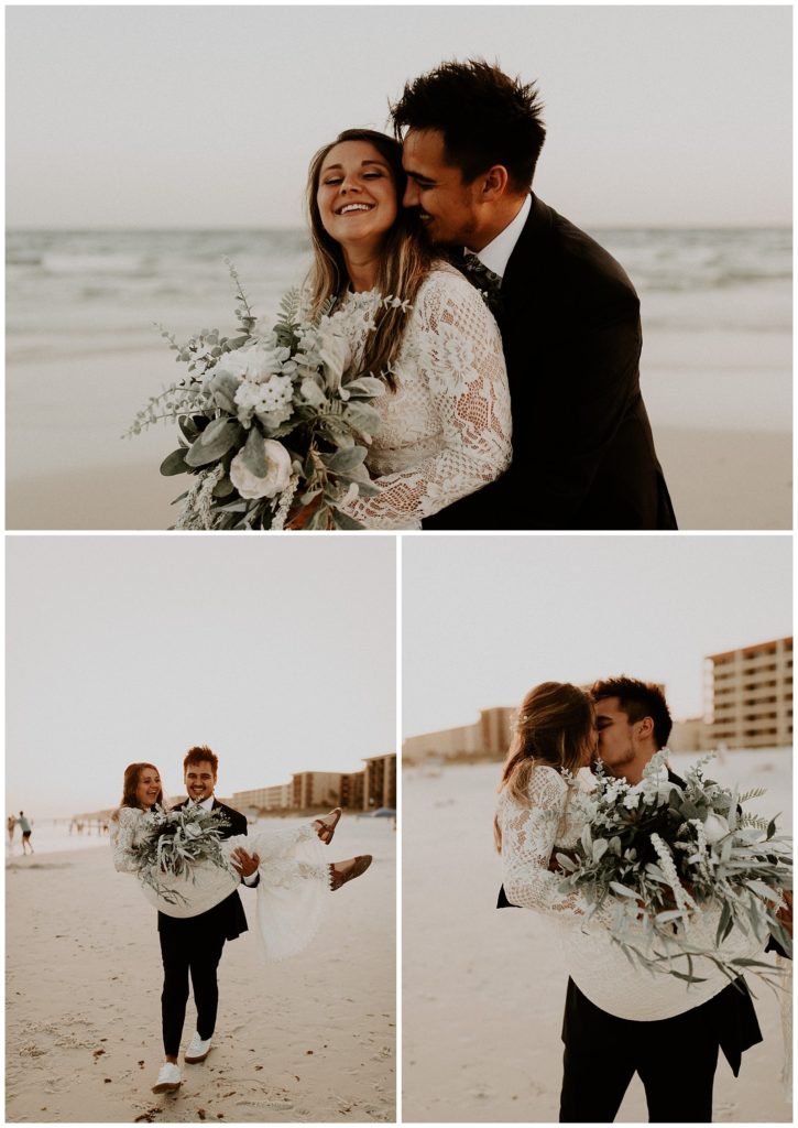 bride and groom portraits on the beach on their wedding day