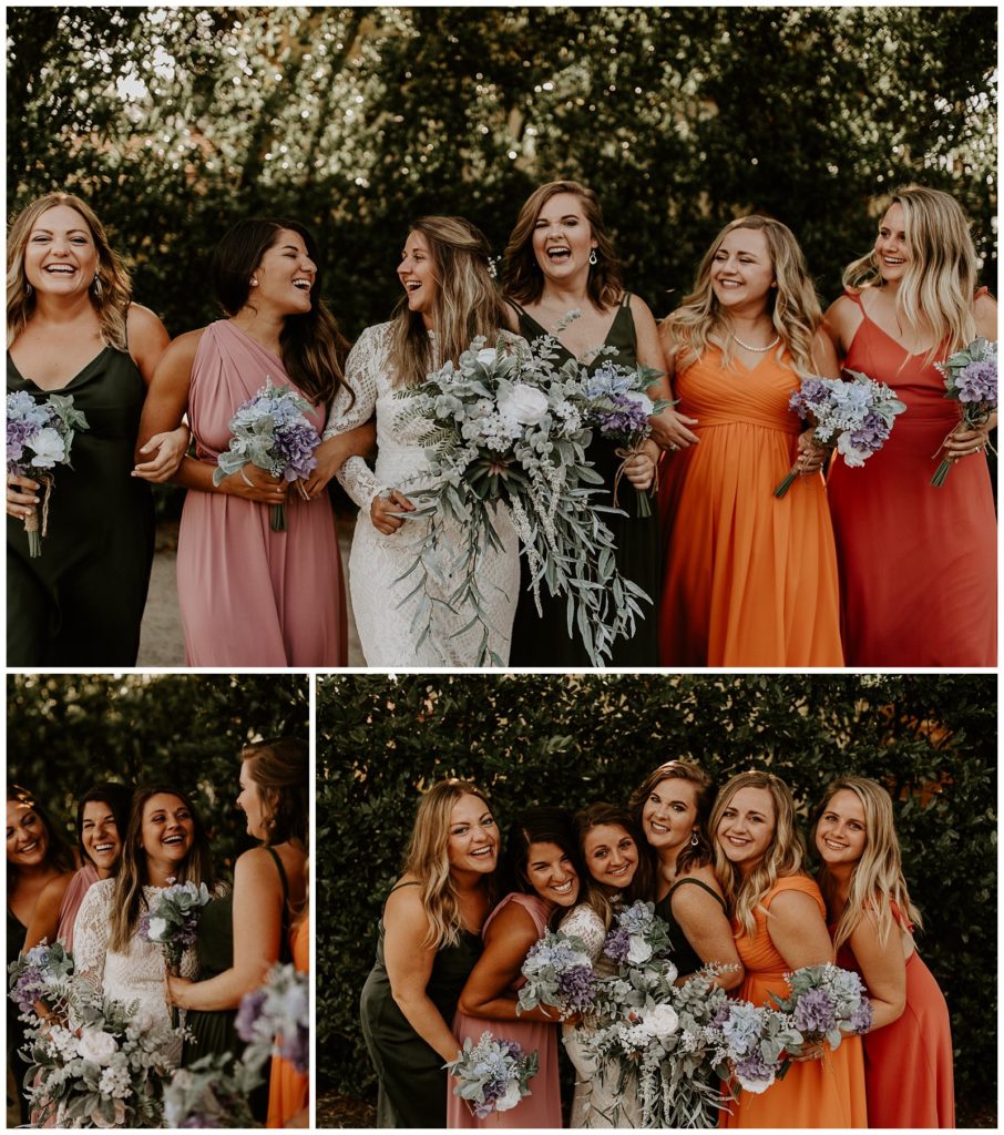 bride with her bridesmaids and their flower bouquets