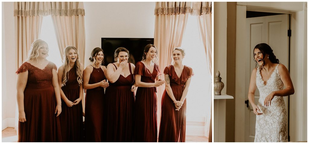 bride first look with bridesmaids wearing burgundy dresses