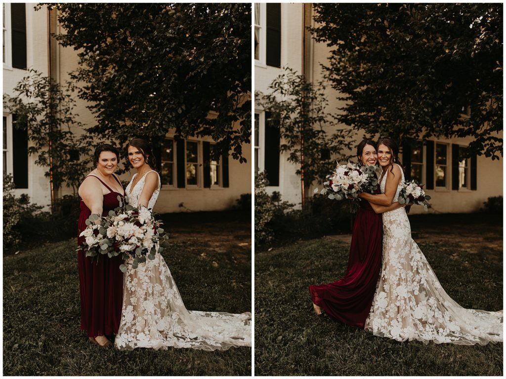 bride and bridesmaids at riverside inn bed and breakfast on wedding day. bridesmaids in burgundy dresses