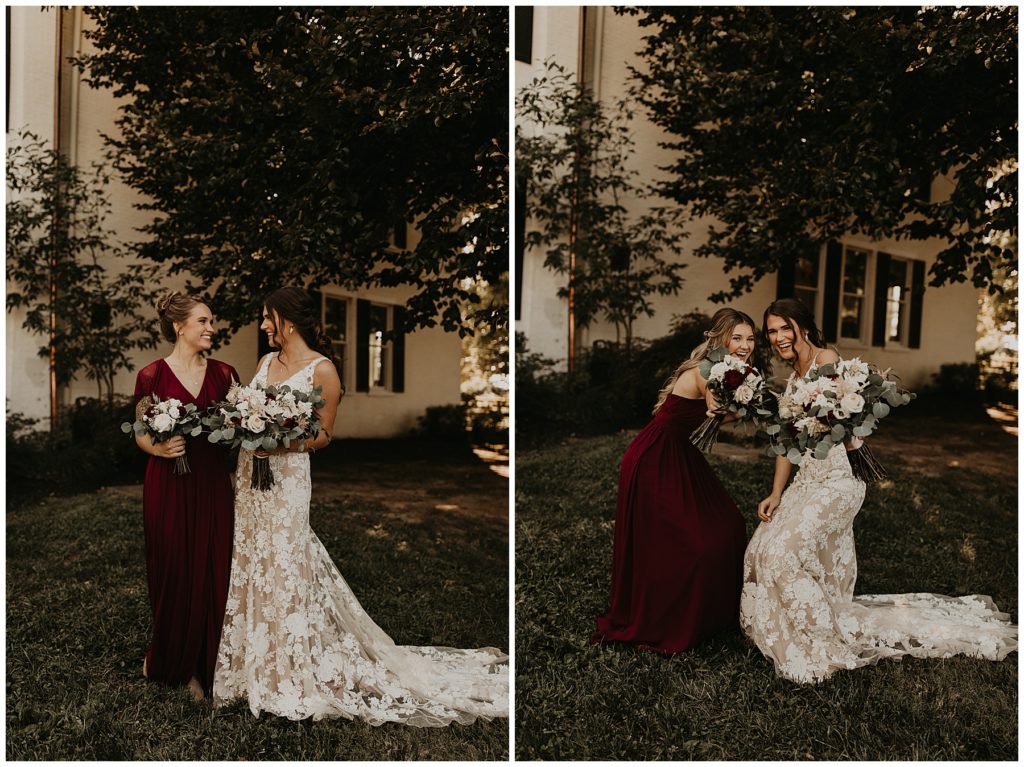 bride and bridesmaids at riverside inn bed and breakfast on wedding day. bridesmaids in burgundy dresses