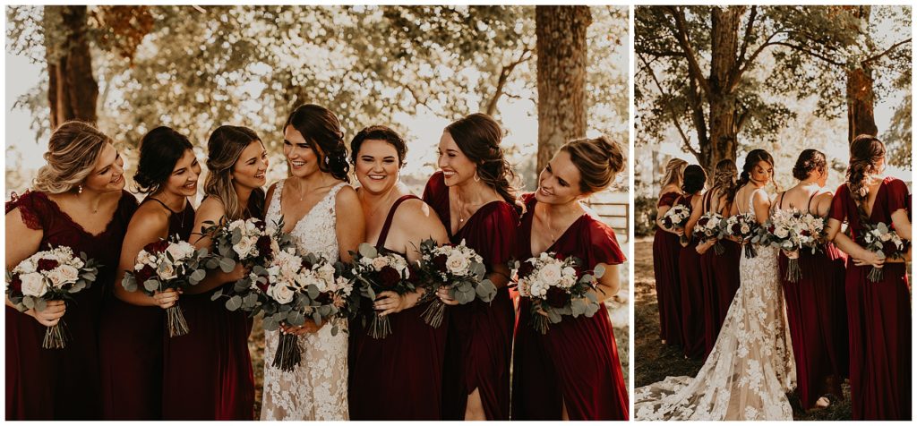 bride and bridesmaids at riverside inn bed and breakfast on wedding day. bridesmaids in burgundy dresses