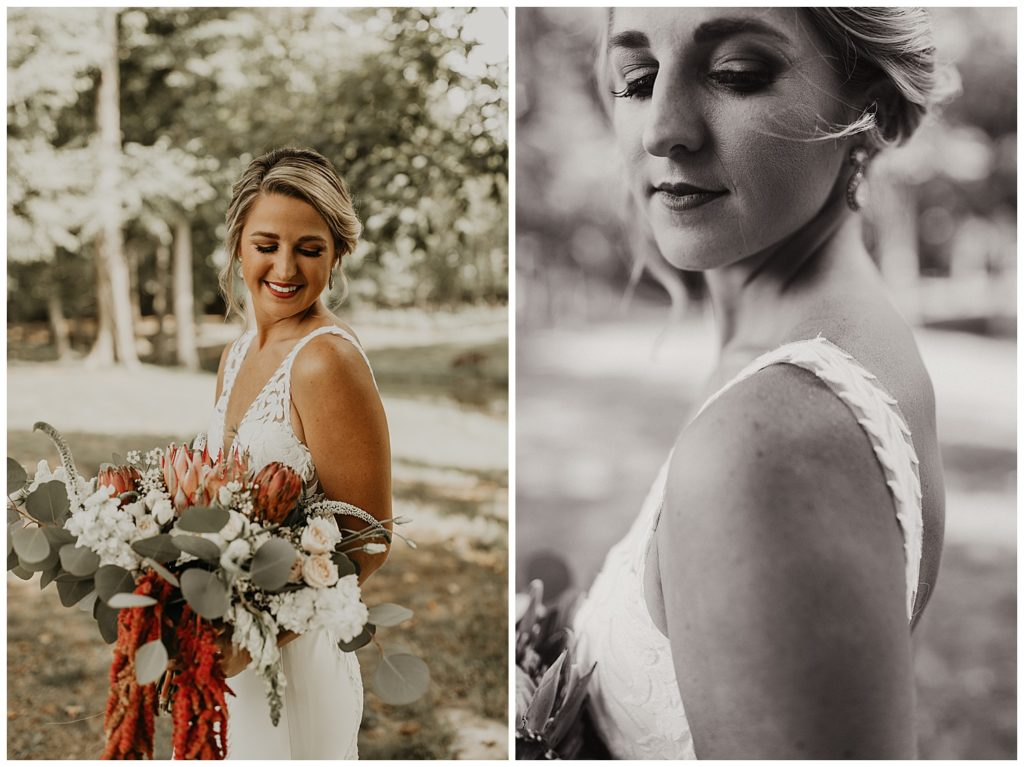 bride in boho lace wedding dress and blush bouquet with king protea and eucalyptus