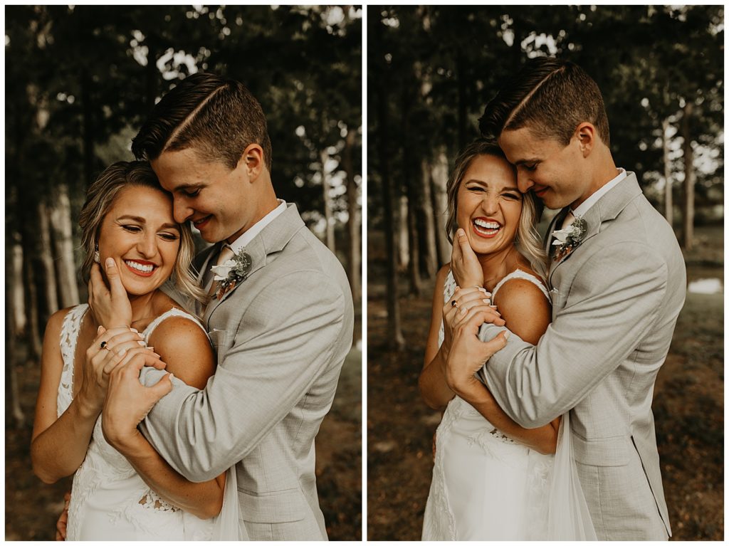 bride in boho lace wedding dress and blush bouquet with king protea and eucalyptus, groom in light grey suit