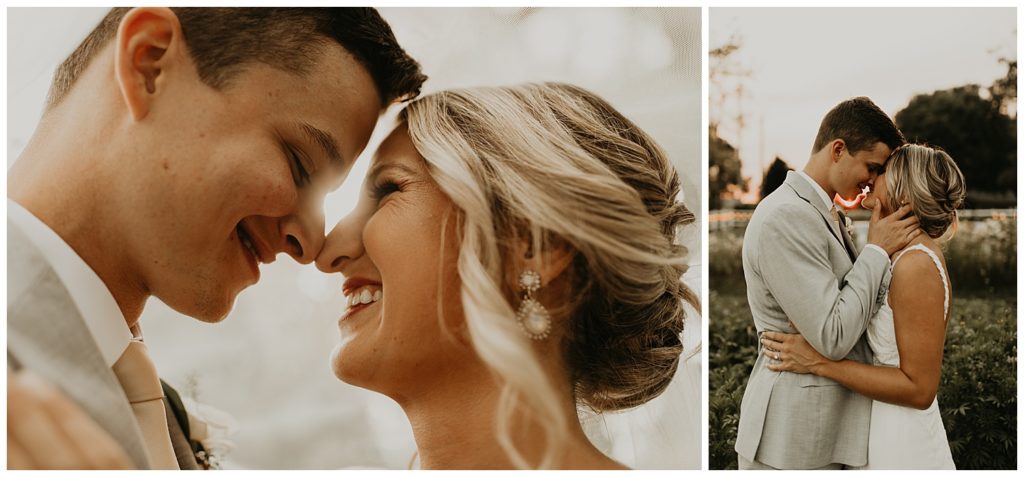 bride in boho lace wedding dress and blush bouquet with king protea and eucalyptus, groom in light grey suit