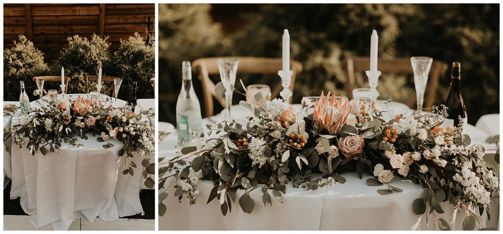 wedding reception at the marmalade lily in loveland ohio. tables with silver dollar eucalyptus greenery garland