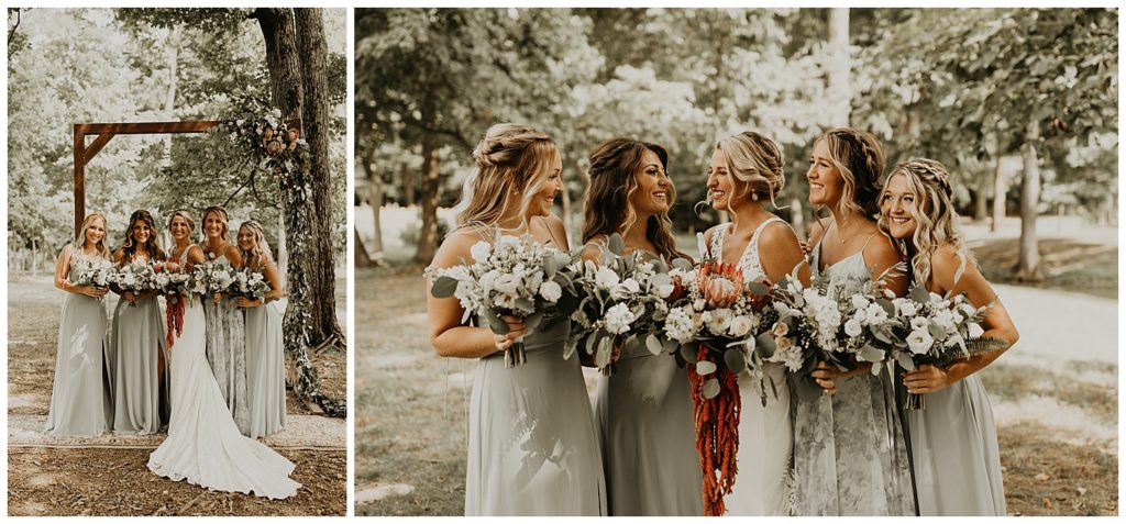 bride in boho lace wedding dress and blush bouquet with king protea and eucalyptus, bridesmaids in light grey dresses