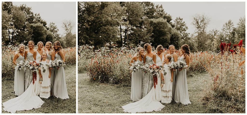 bride in boho lace wedding dress and blush bouquet with king protea and eucalyptus, bridesmaids in light grey dresses