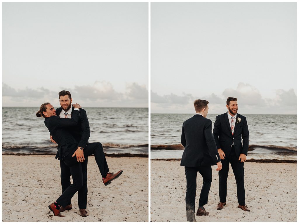 groom and groomsmen taking photos on the beach before wedding ceremony in cancun mexico