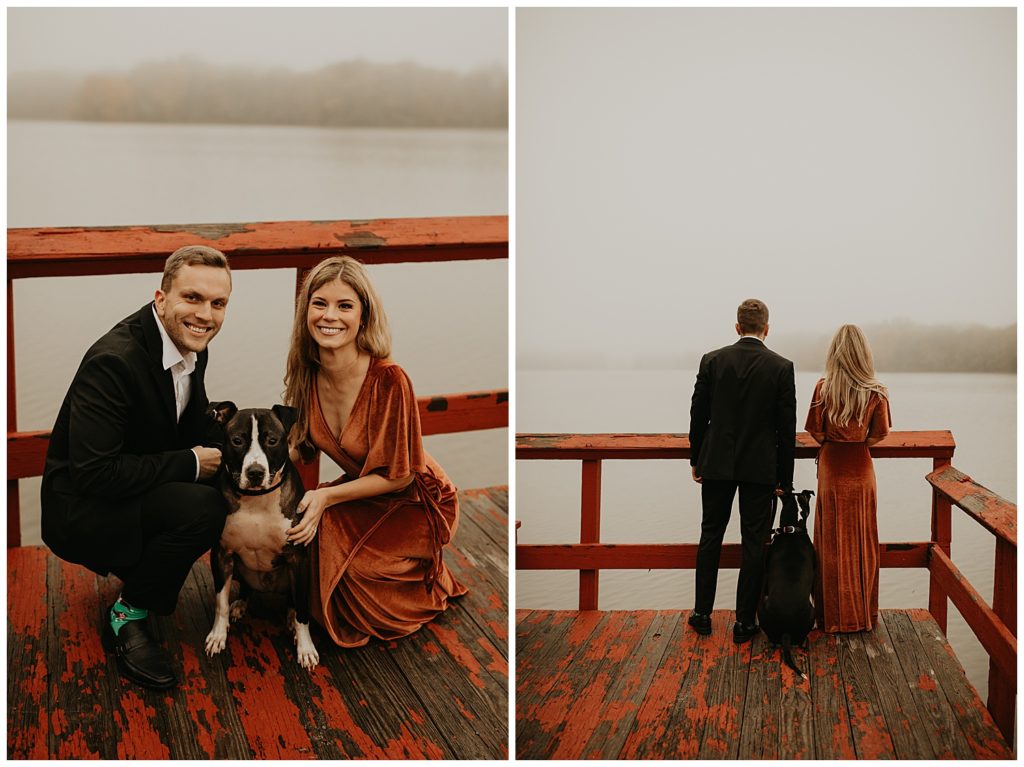 Engaged couple taking portraits with their dog in Kentucky, surrounded by fall leaves. Girl is wearing a rust colored velvet dress