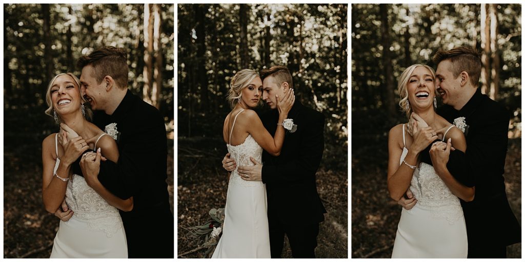 bride and groom taking portraits in the woods on their wedding day