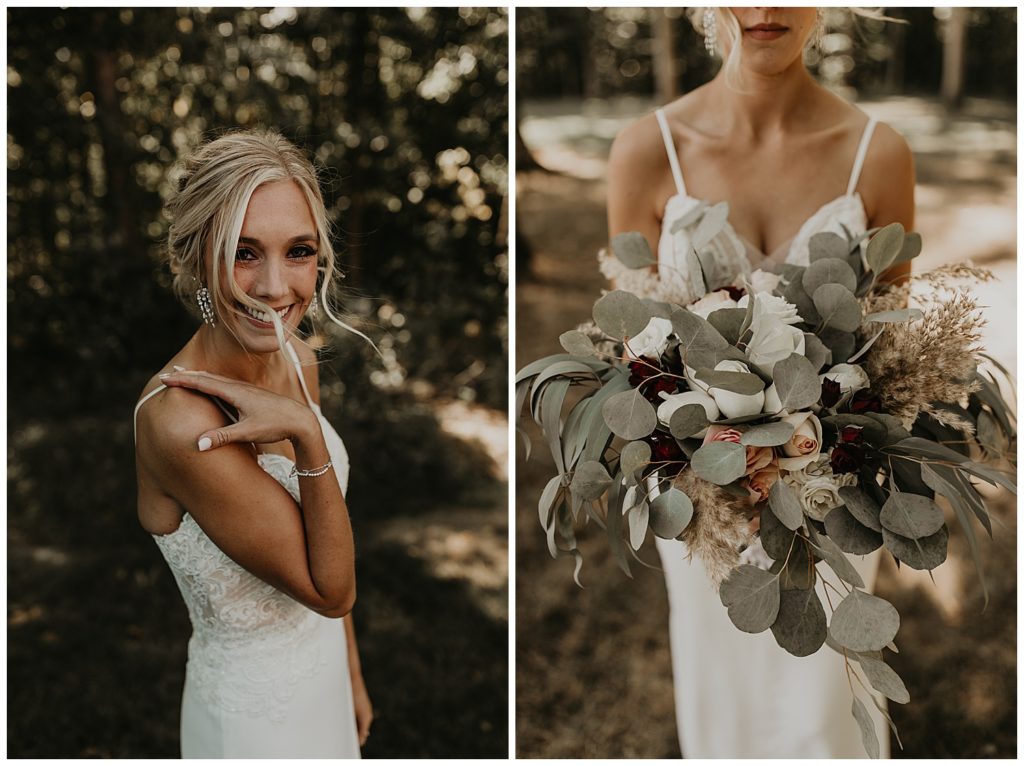 bride holding bouquet of white flowers, eucalyptus, and pampas grass